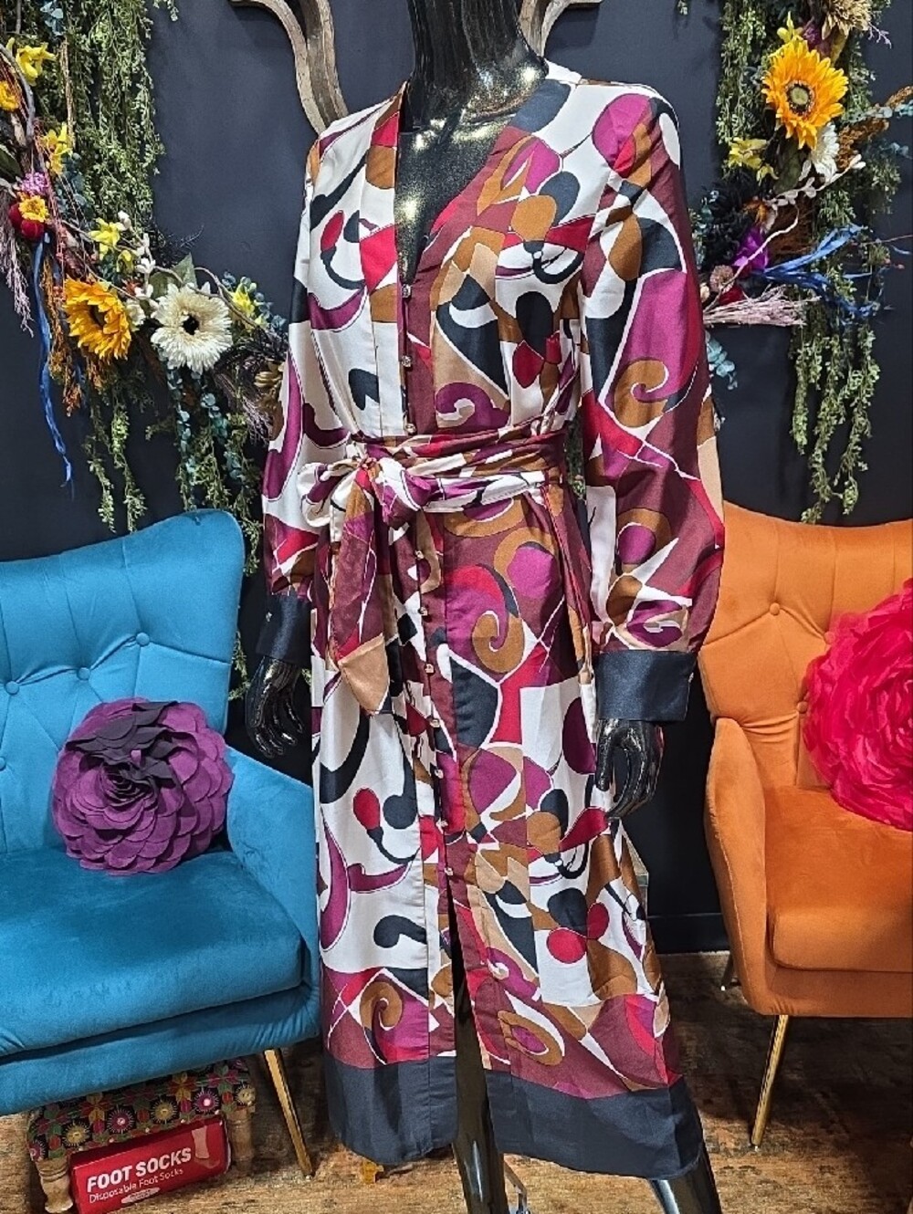 NEW! Zara Abstract Print Button Up Maxi Dress in Magenta, Brown and Black - Picture 2 of 13